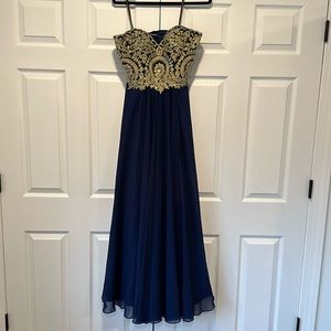 Long formal flowy embellished navy and gold dress
